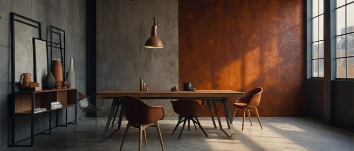 Escritório com parede texturizada semelhante ao aço corten, com acabamento fosco e irregular 