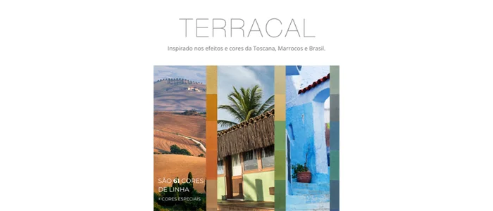 Folder do revestimento Terracal com três paisagens: Toscana, Marrocos e Brasil