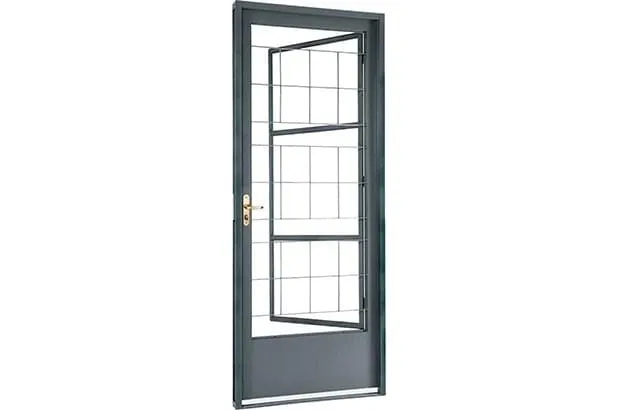 Porta Social de Abrir com Postigo Grade Quadriculada Aço – Cinza