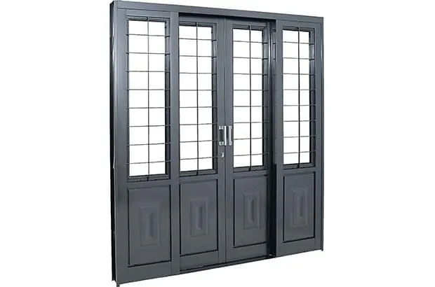 Porta Social de Correr com Almofada Postigo Grade Quadriculada Aço – 4 Folhas – Cinza