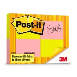 Blocos Adesivos Post-it Neon 4 Cores Sortidas com 100 Folhas Cada - 38 mm x 50 mm 3M