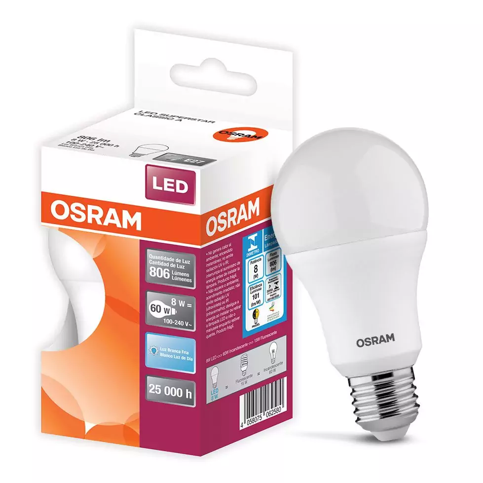 Lâmpada De Led Com Bulbo A60 806 Lúmens A60 8W E27 Luz Branca Osram