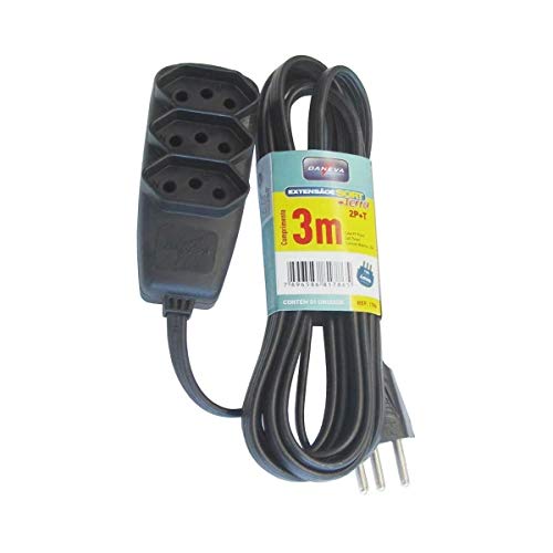 Extensão em Abs Sort Pp 3 Tomadas e 2 Polos + Terra 10A 250V com 3 m Preta Daneva