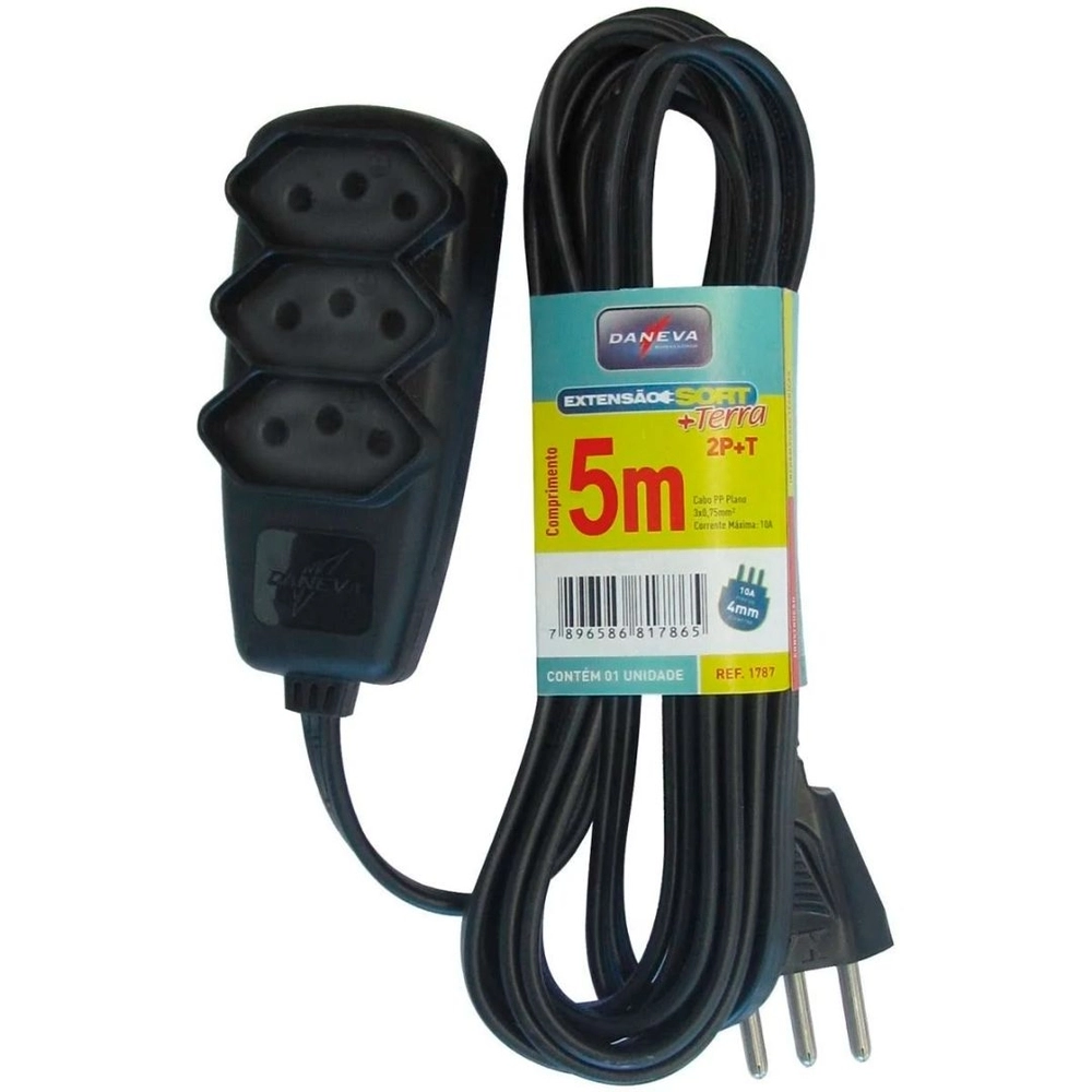 Extensão em Abs Sort Pp 3 Tomadas e 2 Polos + Terra 10A 250V com 5 m Preta Daneva