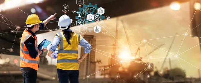 foto de duas pessoas apontando para um holograma e olhando para ele, no céu