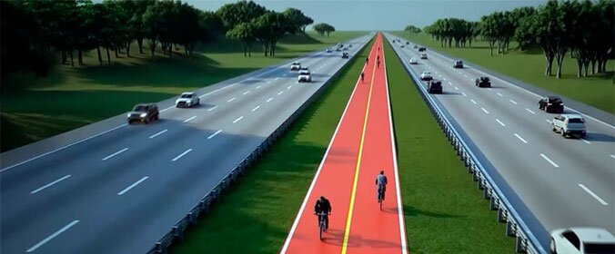 imagem digital do projeto da futura ciclovia que ligara a cidade de sao paulo a de itupeva. Esta no canteiro central da rodovia dos bandeirantes