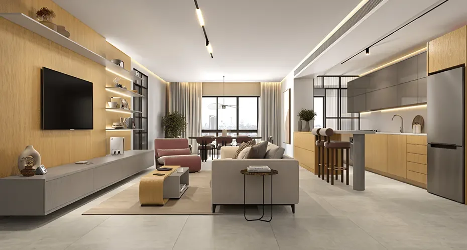 Ambiente moderno e elegante da coleção Essência Brasileira, destacando o uso do Carvalho Brasileiro em móveis e acabamentos. Um espaço acolhedor e contemporâneo.