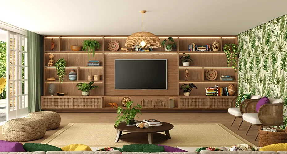 Ambiente modernamente decorado com itens da Coleção Essência Brasileira - Imbuia Caiapó, incluindo estante de madeira, plantas e estilo tropical.