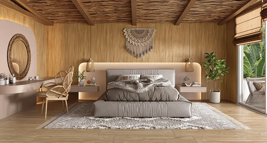Quarto decorado com estilo natural e elementos da Coleção Essência Brasileira - Tauari Amazônia, apresentando cama confortável e decoração aconchegante.