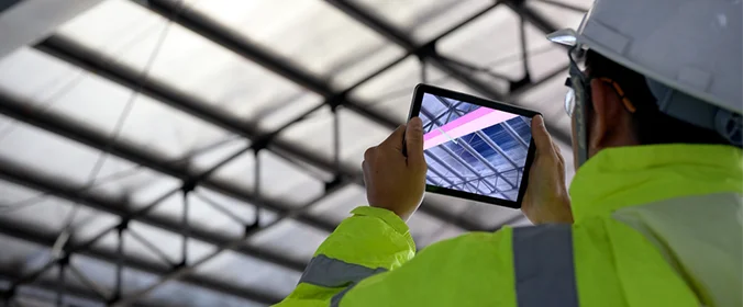 foto de uma pessoa vestida com equipamentos de segurança e segurando um tablet que mostra detalhes de uma construção