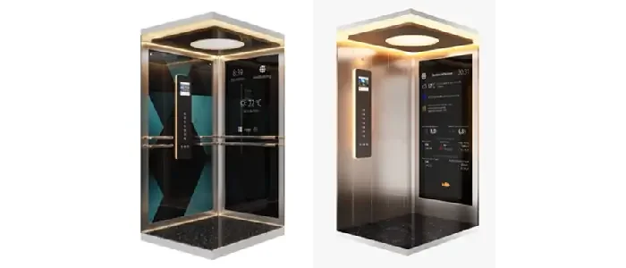 Elevador (à esquerda) com acabamento preto, dourado e verdes. O modelo à direita é dourado, prata e preto