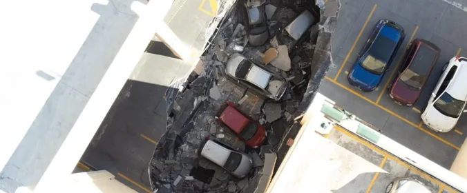 foto aérea do momento em que o teto do shopping cai e derruba cinco veículos no pavimento inferior