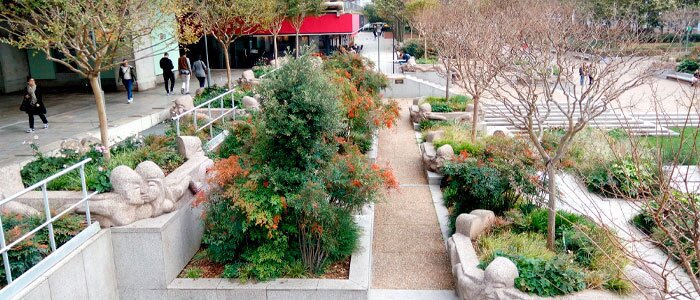 imagem de um jardim com passagens centrais e repleto de plantas. Ao lado, uma rua com faixa de pedestres