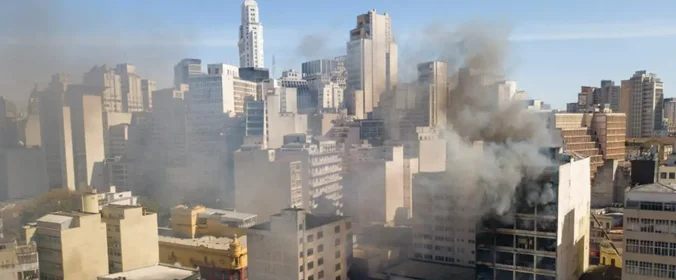 foto dos prédios na região da 25 de março, em que um deles foi atingido por incêndio