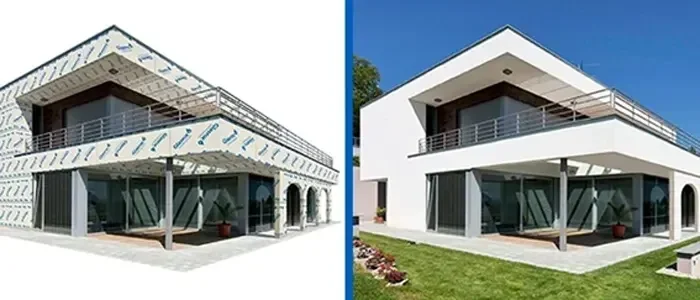 Duas imagens de sobrado. A da direita a casa está revestida pela placa Glasroc X da Placo e na da esquerda a casa com revestimento