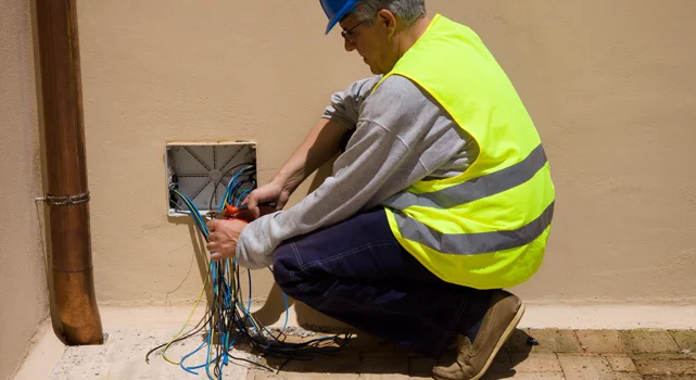foto de um profissional agachado e mexendo em varios fios eletricos que saem da parede
