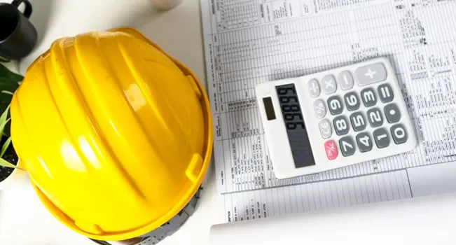 Capacete usado em canteiro de obras em cima de uma mesa. Ao lado há uma calculadora e planilhas, representando quais análises econômicas serão tendência na construção civil em 2025.