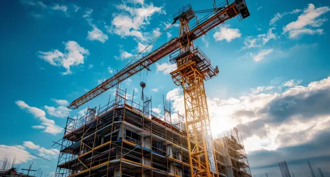 Imagem de uma grua trabalhando na construção de um prédio. Um ensolarado céu azul pode ser observado no fundo da imagem.