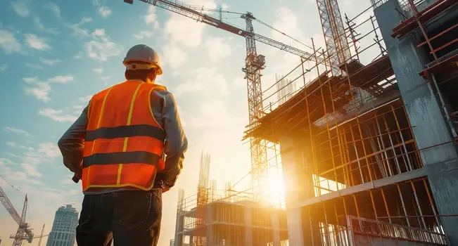 Homem com equipamentos de proteção observando uma grua e um edifício em construção.