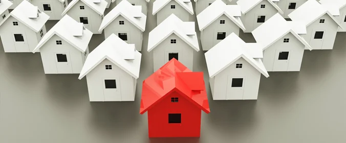 imagem de varias casinhas desenhadas, uma atrás da outra, de modo que formam uma pirâmide. A casa da frente é vermelha, e as demais, brancas  